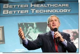 Image of President George Bush giving a speech about the implementation of the electronic medical record and better healthcare, through use of better technology